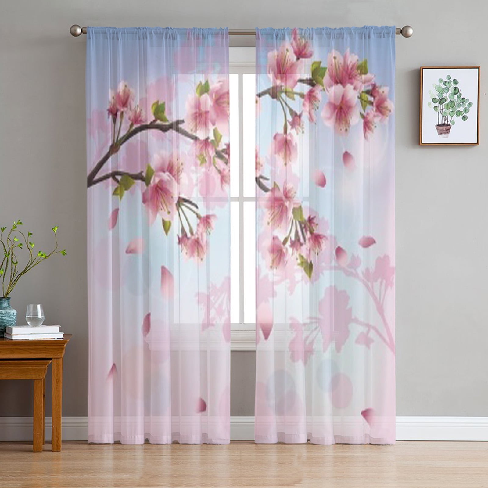 Sakura Blossom Japanese Cherry Tree Chiffon Sheer Curtains for Living ...