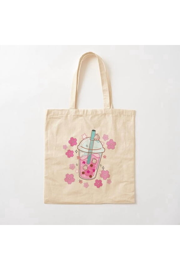 Sakura Boba Style 002 Canvas Tote Bags, Reusable Shopping Bag