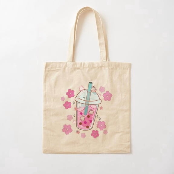 Sakura Boba Style 002 Canvas Tote Bags, Reusable Shopping Bag