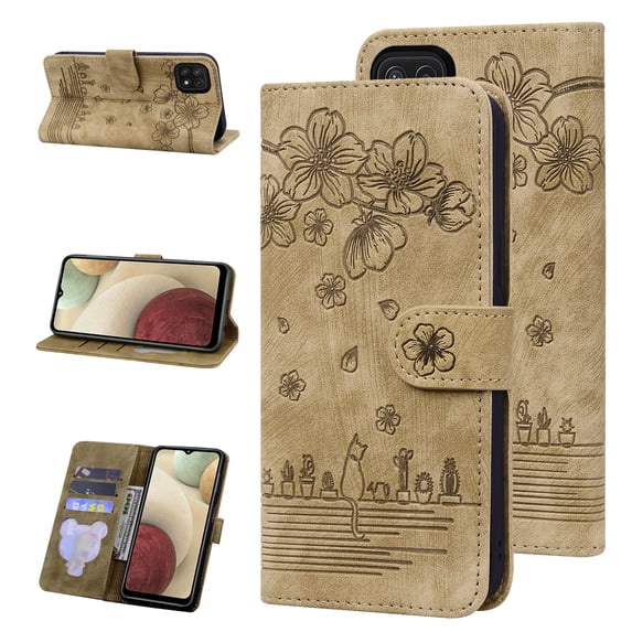 Sakura Cat Embossing PU Leather Wallet Case for Samsung Galaxy A22 5G,Allytech Drop Protection Magnetic Flip Holder Card Slots Phone Case Cover,Brown