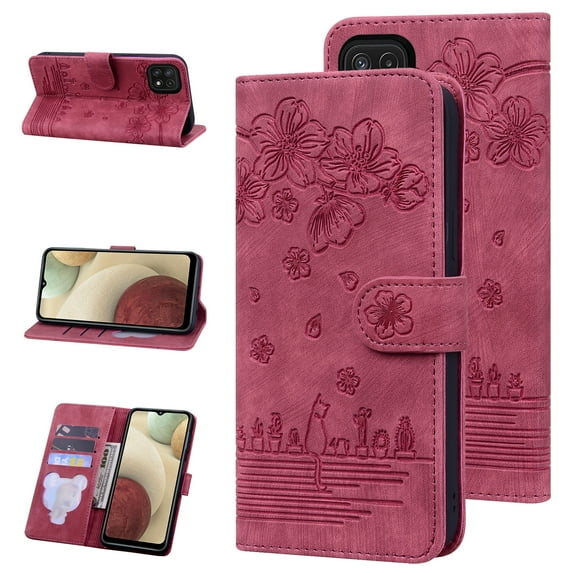 Sakura Cat Embossing PU Leather Wallet Case for Samsung Galaxy A22 5G,Allytech Drop Protection Magnetic Flip Holder Card Slots Phone Case Cover,Red