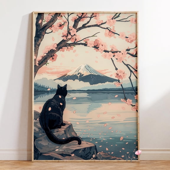 Sakura Cat Mount Fuji Wall Decor