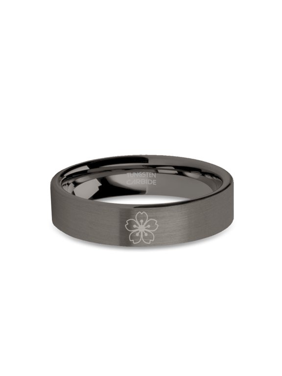 Sakura Cherry Blossom Engraved Tungsten Gunmetal Ring, Brushed, 6mm, Size 13
