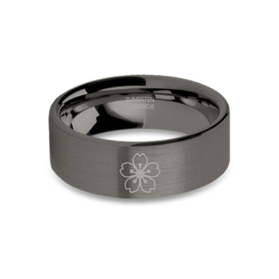 Sakura Cherry Blossom Engraved Tungsten Gunmetal Ring, Brushed, 8mm, Size 7