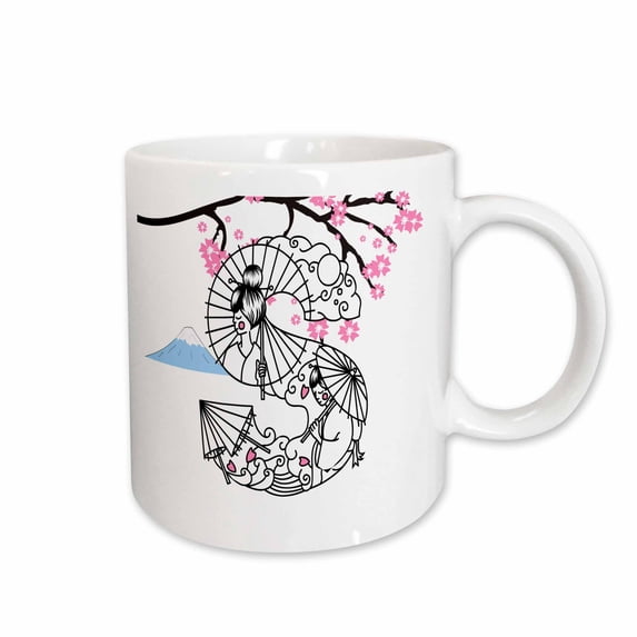3drose, Sakura Cherry Blossoms, Mount Fuji. Stunning Girls, Umbrella Letter S, 15oz Mug