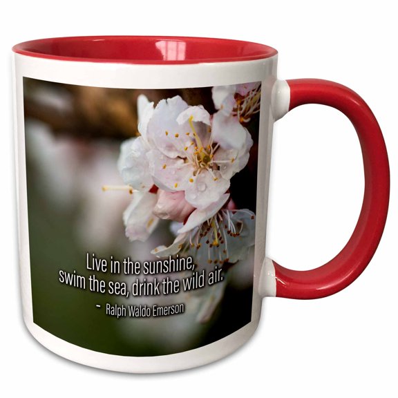 3drose, Sakura Cherry Flowers. Ralph Waldo Emerson Quote Live in the Sunshine, 11oz Two-tone Red Mug