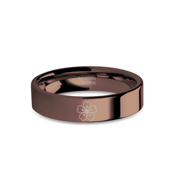 Sakura Cherry Tree Flower Engraved Espresso Brown Tungsten Ring, 6mm, Size 10.5