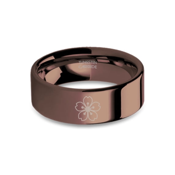 Sakura Cherry Tree Flower Engraved Espresso Brown Tungsten Ring, 8mm, Size 10.5