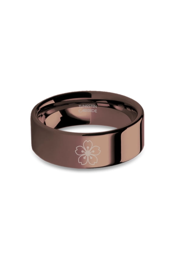 Sakura Cherry Tree Flower Engraved Espresso Brown Tungsten Ring, 8mm, Size 7