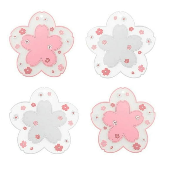 Sakura Coasters Set of 4 Kawaii Cup Mat Anti-skid Pot Bowl Pad Placemats PVC Cherry Blossom Coaster for Drinks Coffee Table Cute Room Home Kitchen Decor Kawaii Desk Accessories(4.3in)