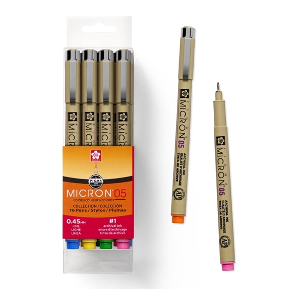 Sakura Pigma Micron Fineliner Pens - Archival Black and Colored Ink Pens - For Writing, Drawing, or Journaling - Black and Colored Ink - 05 Point Size - 16 Pack