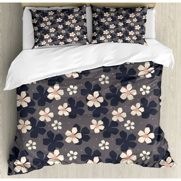 Sakura Duvet Cover Set, Continuous Cherry Blossoms Petals and Little Dots Composition, Decorative 3 Piece Bedding Set with 2 Pillow Shams, Queen Size, Dark Grey Blush, by Ambesonne