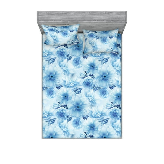 Sakura Fitted Sheet & Pillow Sham Set, Japanese Inspiration Asian Flowers Vintage with Neutral Colors Boho Art, Decorative Printed 3 Piece Bedding Decor, King, Lavender Blue Soft Blue, by Ambesonne