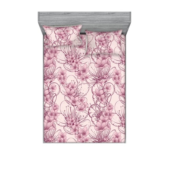 Sakura Fitted Sheet & Pillow Sham Set, Nude Color Palette Drawn Cherry Blossom Pattern with Lines Botany Art, Decorative Printed 3 Piece Bedding Decor, Queen, Rose Pale Pink Dried Rose, by Ambesonne