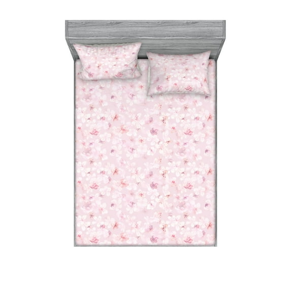 Sakura Fitted Sheet & Pillow Sham Set, Traditional Japanese Design of Cherry Blossom Pattern Pinkish Tones Print, Decorative Printed 3 Piece Bedding Decor, King, Pale Pink Lilac White, by Ambesonne