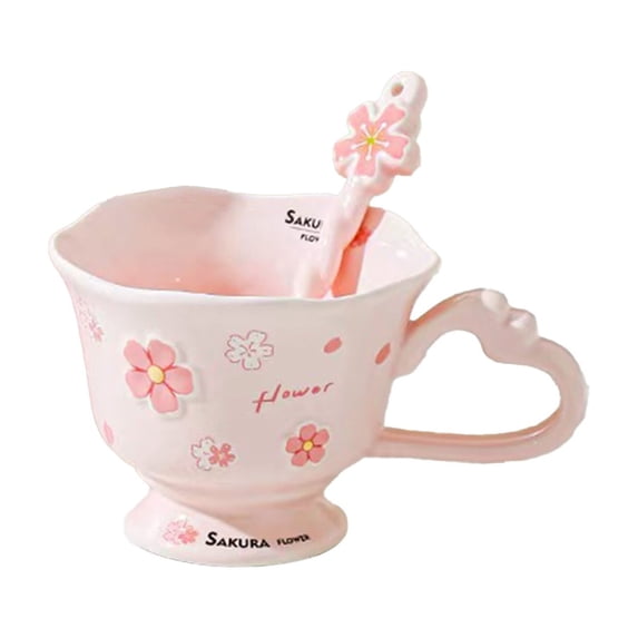 Sakura Flower Ceramic Mug with Spoon,15oz Coffee Cup,Perfect Mother's Day Gift for Mom,Floral Girly Breakfast Milk Oatmeal Cup,Cute Tea Cup for Her
