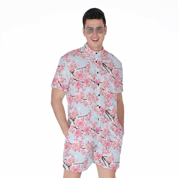 Sakura Flower Cherry Blossom Short Sleeve Men'S Rompers, Floral Casual Summer Jumpsuits Outfit