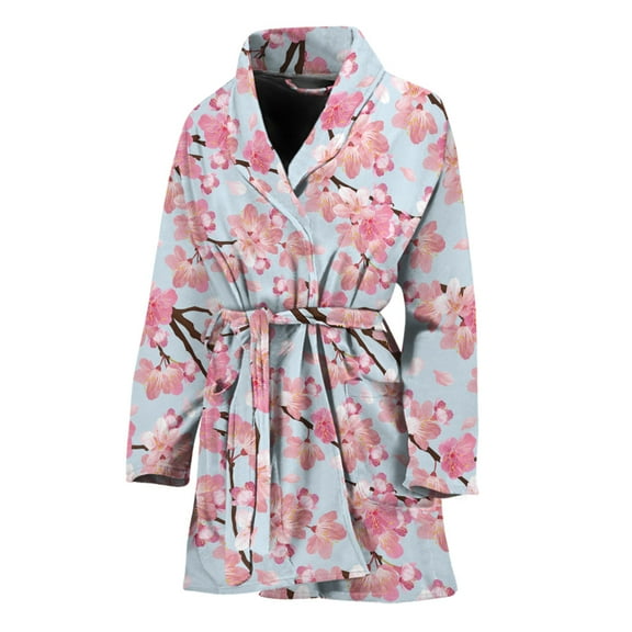Sakura Flower Cherry Blossom Women Bathrobe One Size Univeral Fits, Floral Fashion Lightweight Plush Fleece Long Robe For Women
