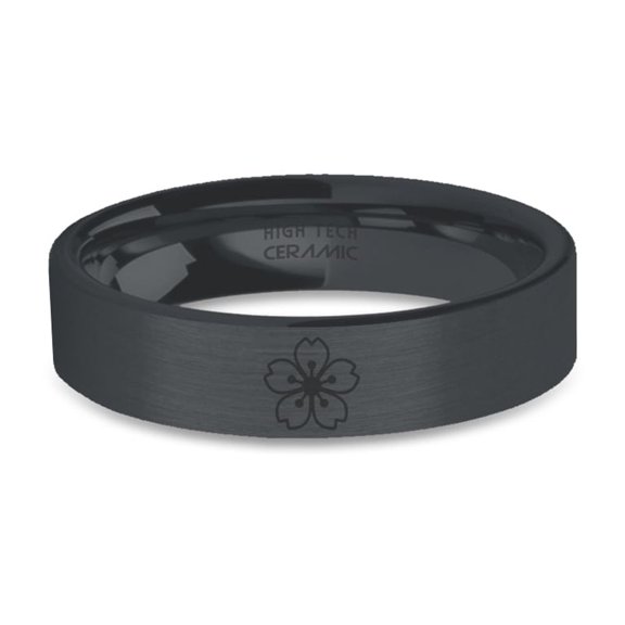 Sakura Flower Petal Cherry Blossom Black on Black Brushed Ceramic Ring, 6mm, Size 4.5