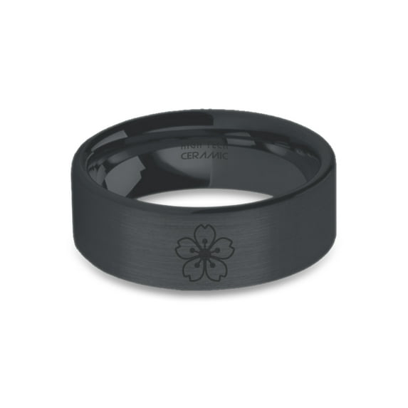 Sakura Flower Petal Cherry Blossom Black on Black Brushed Ceramic Ring, 8mm, Size 13