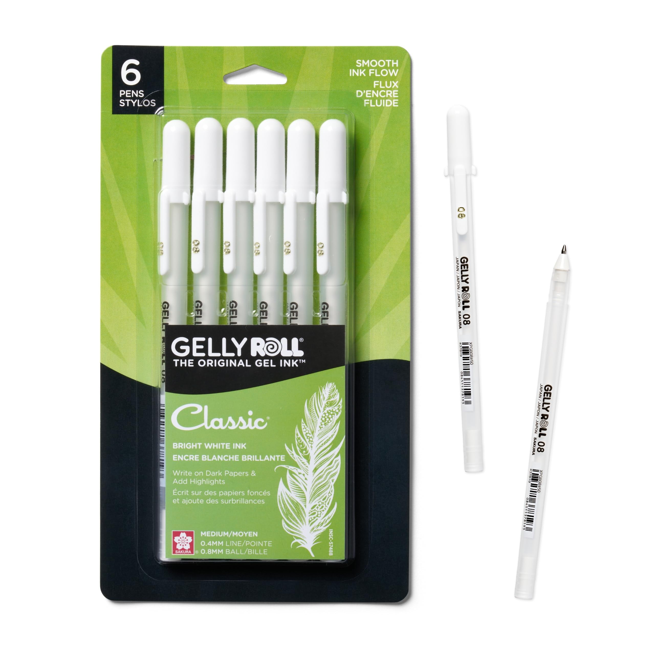Sakura Gelly Roll Gel Pens - Medium Tip Ink Pens for Journaling, Art, and Drawing - Classic White Ink - 6 Pack