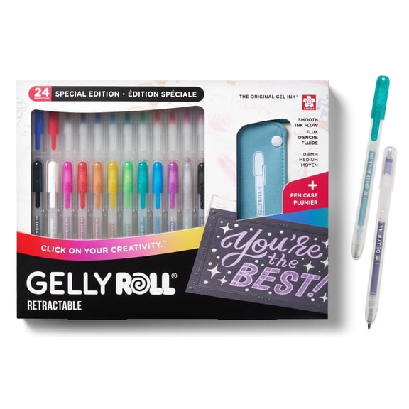 SAKURA Gelly Roll Retractable Gel Pens with Different Effects - 08 Medium Point for Journaling, Art, Calligraphy, or Drawing - 1 Case - Assorted Colored Ink - 24 Pens
