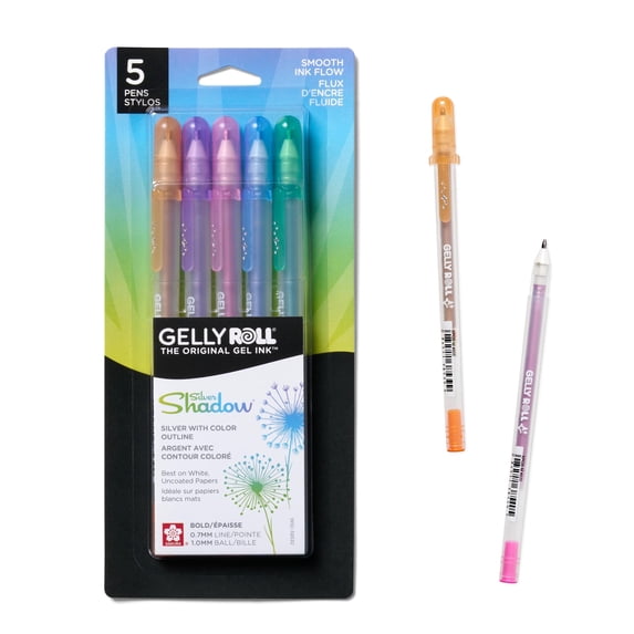 Sakura Gelly Roll Silver Shadow Gel Pens - Bold Point Ink Pen for Lettering, Drawing, Invitations, & Stationery - Silver & Colored Ink - Bold Line - 5 Pack