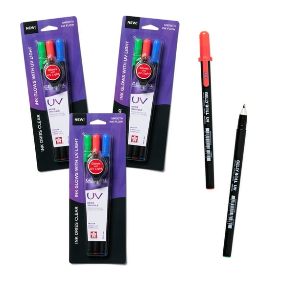 Sakura Gelly Roll UV Pen - UV Gel Ink Pen - Invisible Ink Pen - With UV Keychain Flashlight - Bold Ink Pen for Art or Drawing - Red, Green & Blue Ink - 9 Pens, 3 Lights