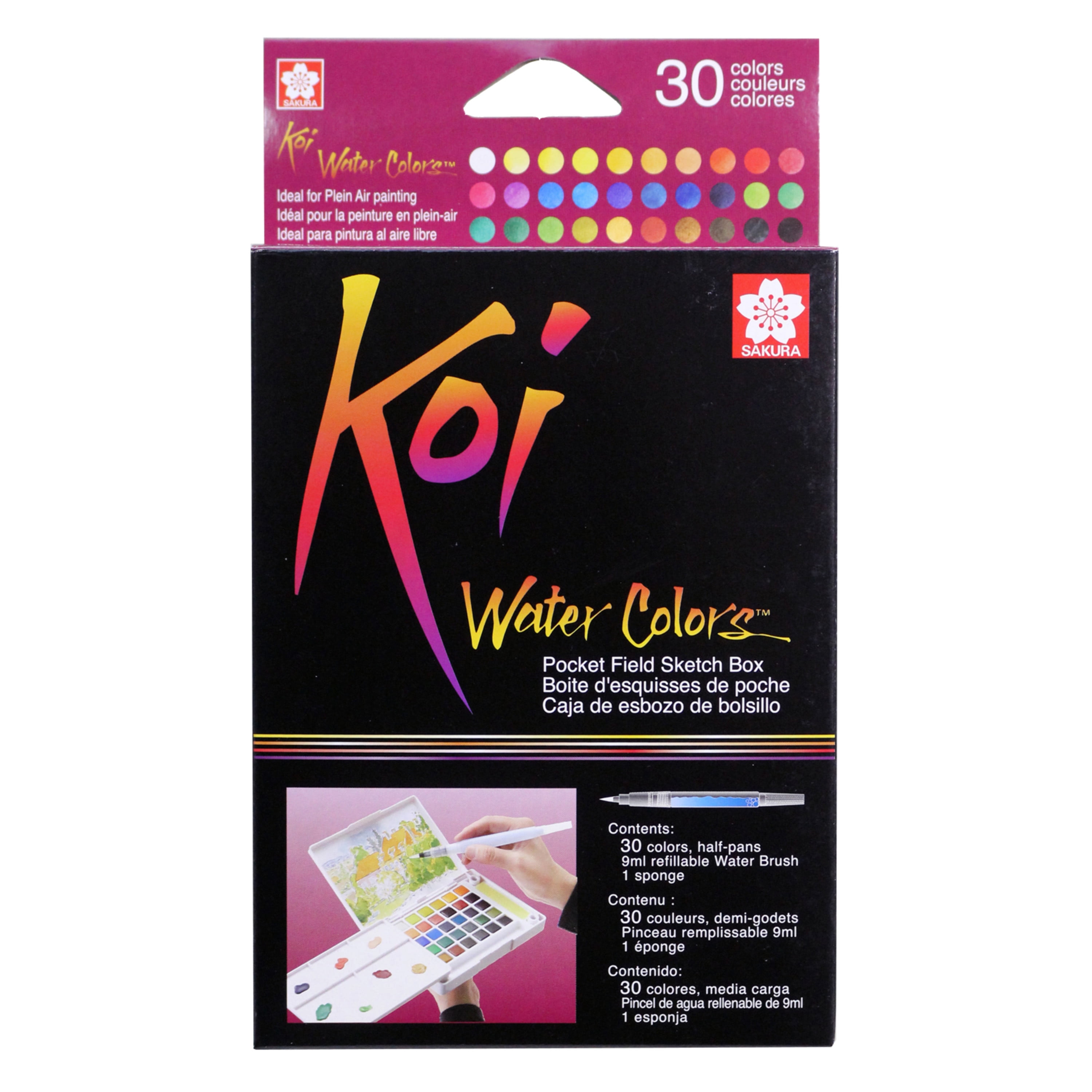  SAKURA Koi Pocket Field Sketch Kit - Watercolor Sets for  Painting On the Go - 30 Colors - 1 Water Brush - 1 Sponge - 1 Mixing Palette