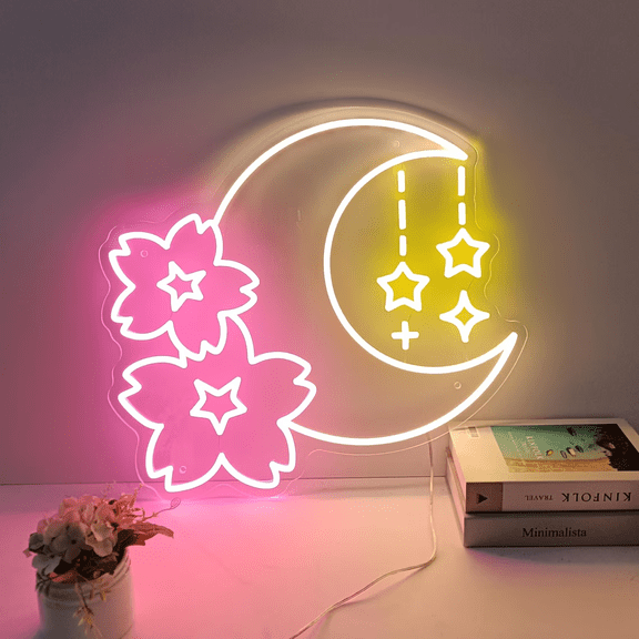 Sakura Moon Neon Sign, Custom Cherry Blossom LED Wall Light, Japanese-Inspired Decor for Bedroom, Game Room & Home