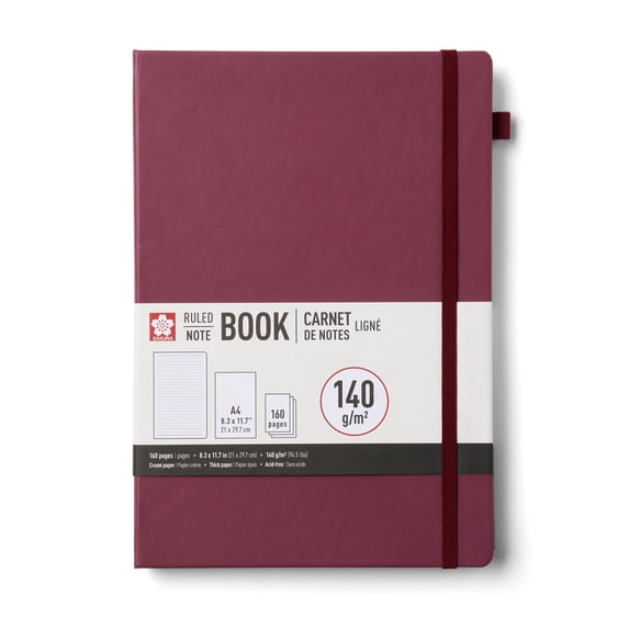 Sakura Notebook Ruled A4 - Japanese-Inspired Lined Notebook for Effortless Writing - 140 GSM Paper - Hardcover - Built-In Pen Holder - Expandable Inner Pocket - Flat-Lay - 8.3 x 11.7" - Mulberry