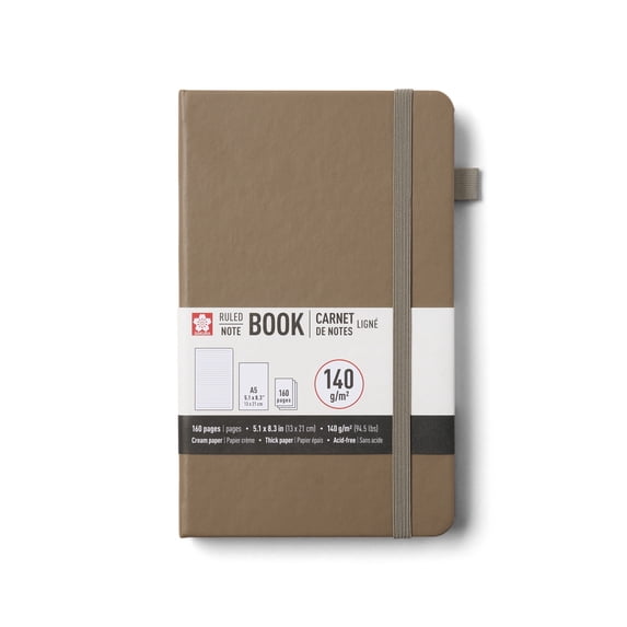 Sakura Notebook Ruled A5 - Japanese-Inspired Lined Notebook for Effortless Writing - 140 GSM Paper - Hardcover - Built-In Pen Holder - Expandable Inner Pocket - Flat-Lay - 5.1 x 8.3" - Cinder