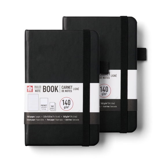 Sakura Notebook Ruled Pocket - Japanese-Inspired Lined Notebook for Effortless Writing - 140 GSM Paper - Built-In Pen Holder - Expandable Inner Pocket - 3.5 x 5.5" - Black - 2 Count