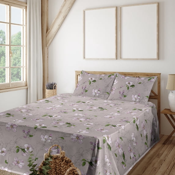 Ambesonne Sakura Pattern Fitted & Flat Sheet with Shams 4 Pcs Set, Art Japanese Flowers, King, Purple Grey and Fern Green