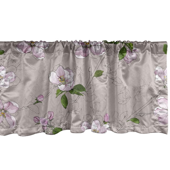 Sakura Pattern Window Valance, Neutral Colors Boho Design of Japanese Flowers Vintage Print, Curtain Valance for Kitchen Bedroom with Rod Pocket, 54" X 18", Purple Grey and Fern Green, by Ambesonne