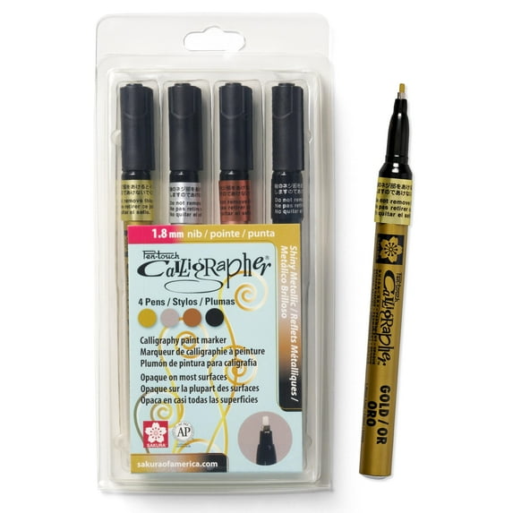Sakura Pen-Touch Calligrapher Paint Markers - Paint Pens for Metal, Wood, Plastic, & More - Assorted Metallic Colors - Fine Tip Size - 4 Pack