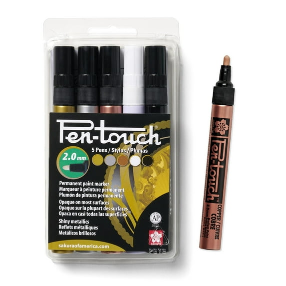 Sakura Pen-Touch Paint Markers - Permanent Marker Pen - Assorted Metallic Colors - Medium Tip Size - 5 Pack
