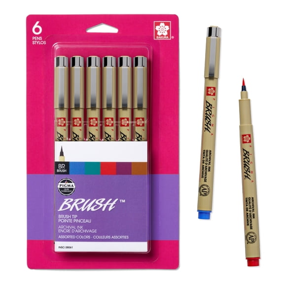 Sakura Pigma Micron Brush Pens - Archival Black and Colored Ink Pens - For Writing, Drawing, or Journaling - Black and Assorted Colored Ink - Brush Nibs - 6 Pack
