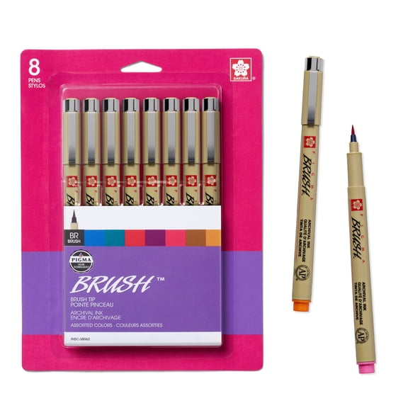 Sakura Pigma Micron Brush Pens - Archival Black & Colored Ink Pens - For Writing, Drawing, or Journaling - Black & Assorted Colored Ink - Brush Nibs - 8 Pack