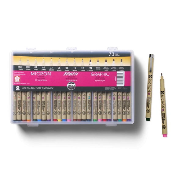 SAKURA Pigma Micron Fineliner Pens - Archival Black & Colored Ink Pens - For Writing, Drawing, or Journaling - Assorted Point Sizes - 73 Pack with Container