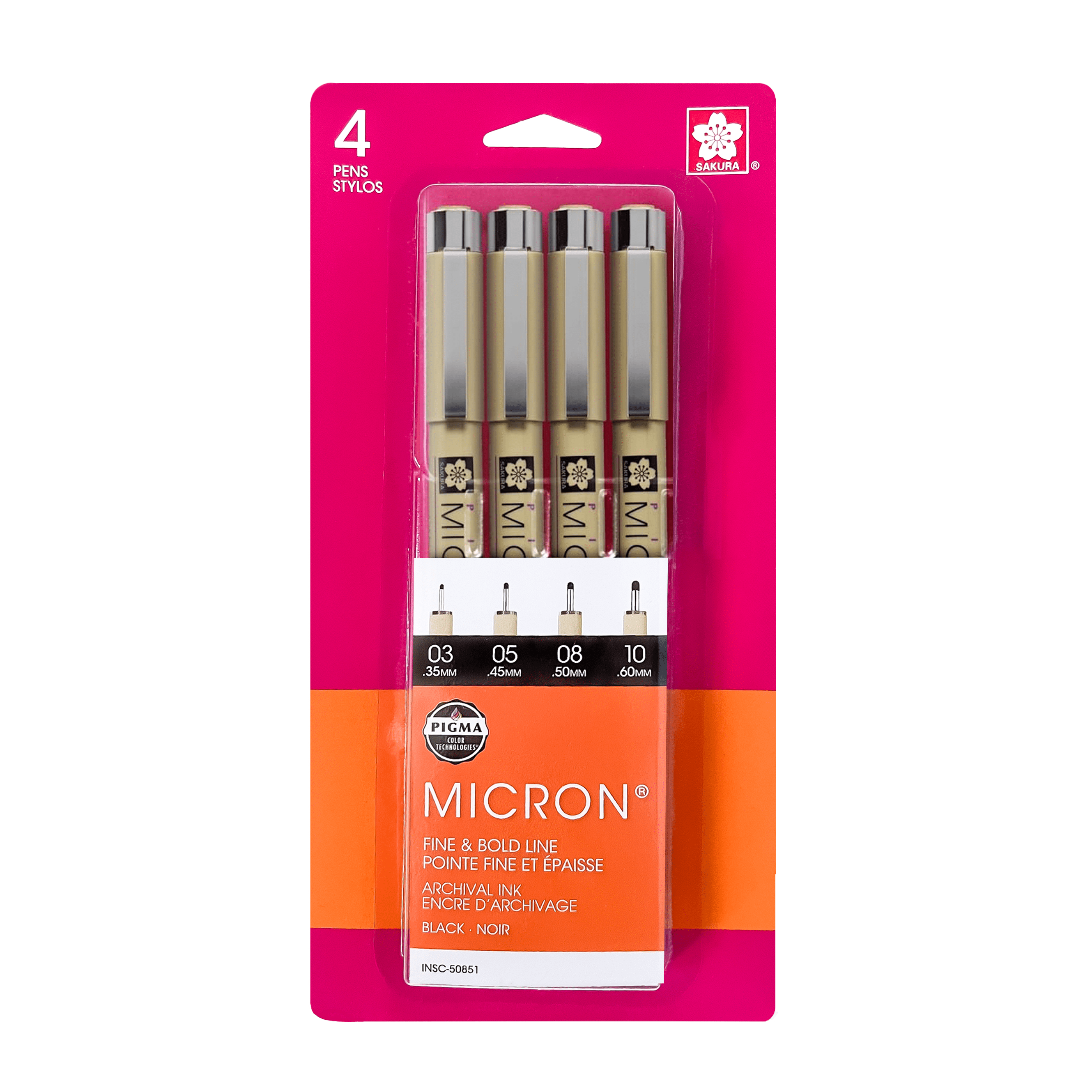 Sakura Pigma Micron Fineliner Pen Set, 4 Pens (Tip Sizes 03, 05, 08, 10)