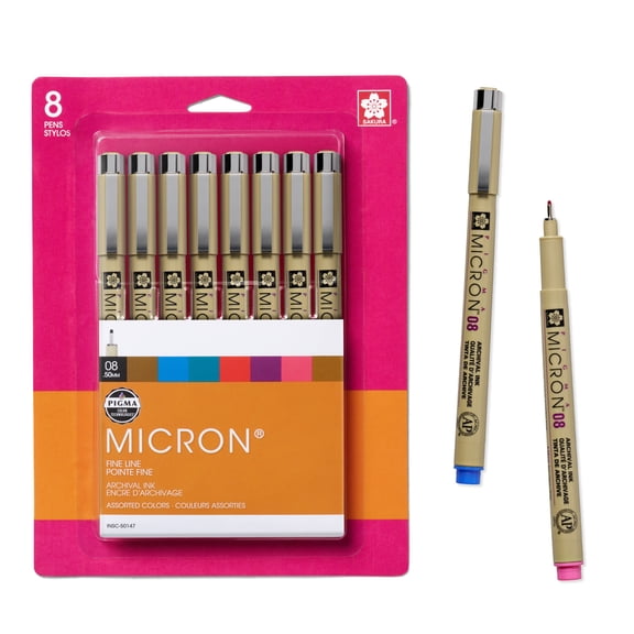 Sakura Pigma Micron Fineliner Pens - Archival Black and Colored Ink Pens - For Writing, Drawing, or Journaling - Black and Assorted Colored Ink - 08 Nib Size - Fine Line - 8 Pack
