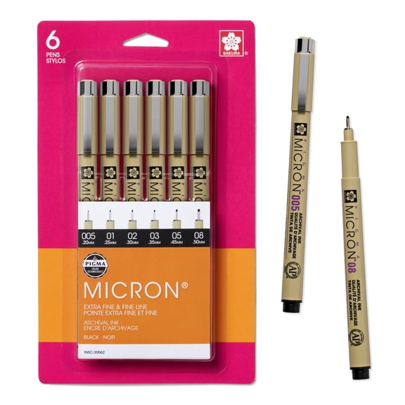 Sakura Pigma Micron Fine Liner Pens - Archival Black Ink Pens for Writing, Drawing, or Journaling - Assorted Point Sizes - 6 Pack