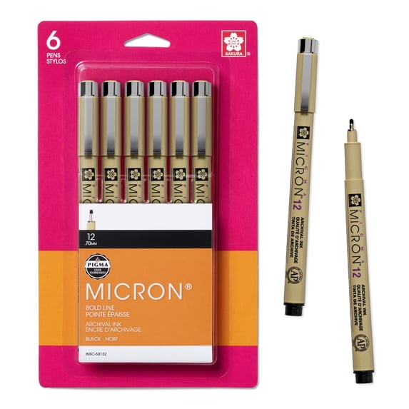 SAKURA Pigma Micron Fineliner Pens - Archival Black Ink Pens for Writing, Illustration, or Journaling - Black Colored Ink - 12 Point Size - 6 Pack