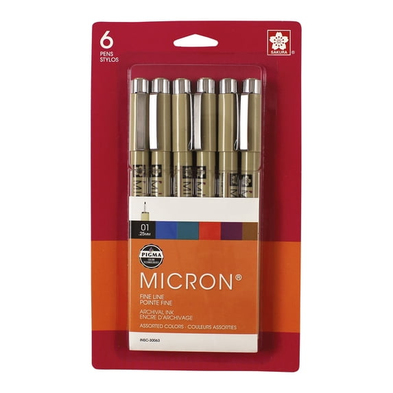 Sakura Pigma Micron Fine Liner Pen Set, 01 Tip Size, Assorted Colors, Pack of 6
