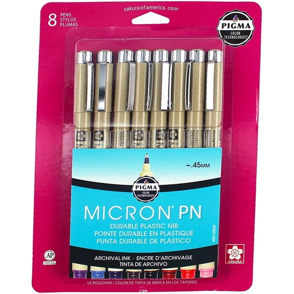 Sakura Pigma Micron Plastic Nib Pens - Archival Black & Colored Ink Pens - For Writing, Drawing, or Journaling - 0.45 mm Plastic Nibs - 8 Pack