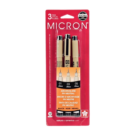Sakura Pigma Micron Pens 3 Count, Archival Ink, Fine Point (.25, .35, .45mm)
