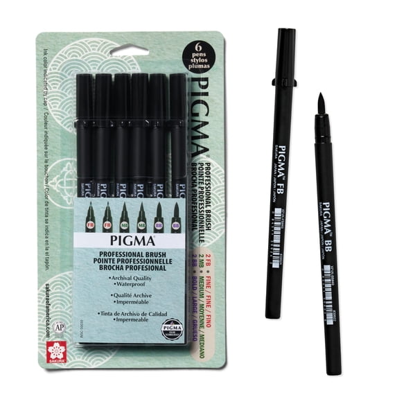 Sakura Pigma Professional Brush Pens - Brush Tip Pens - Black Ink - Fine, Medium, Bold Sizes - 6 Pack