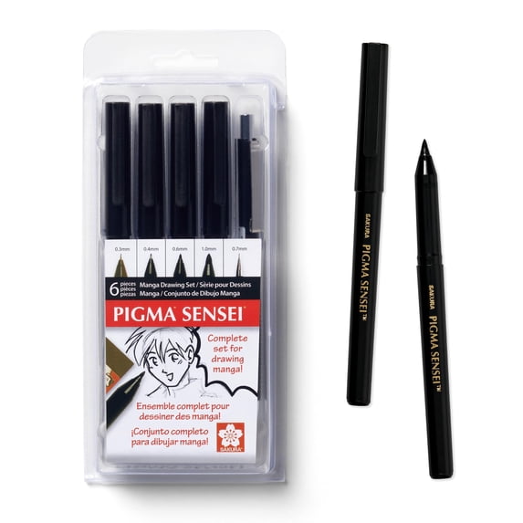 Sakura Pigma Sensei Manga Drawing Kit - Archival Black Ink Pens with Pencil & Eraser - Pens for Drawing Manga, Cartoon, & More - Assorted Nib Sizes - 6 Pack