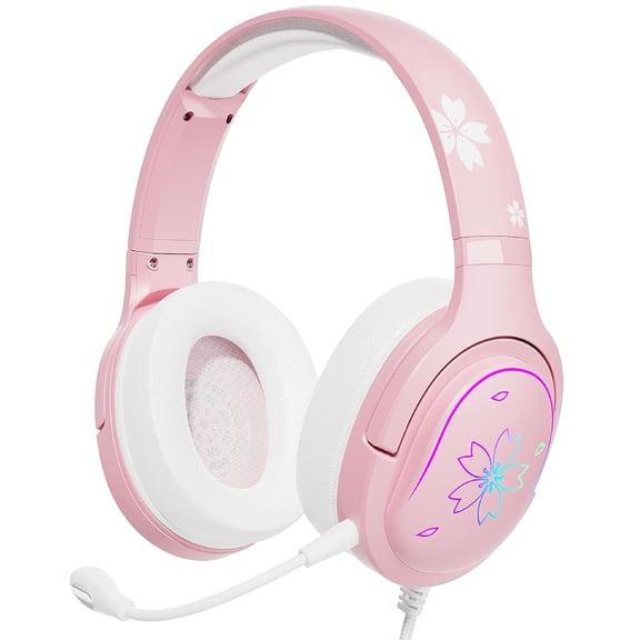 Sakura Pink Cherry Blossoms Gaming Headset, 360 Rotation Mic, Soft Earmuff Wired Gaming Headphones for PS4, PS5, Xbox, PC & MAC, Switch, RGB Gradient Light Effect